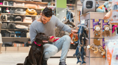 Um homem num pet shop mostrando um brinquedo para o seu cachorro.
